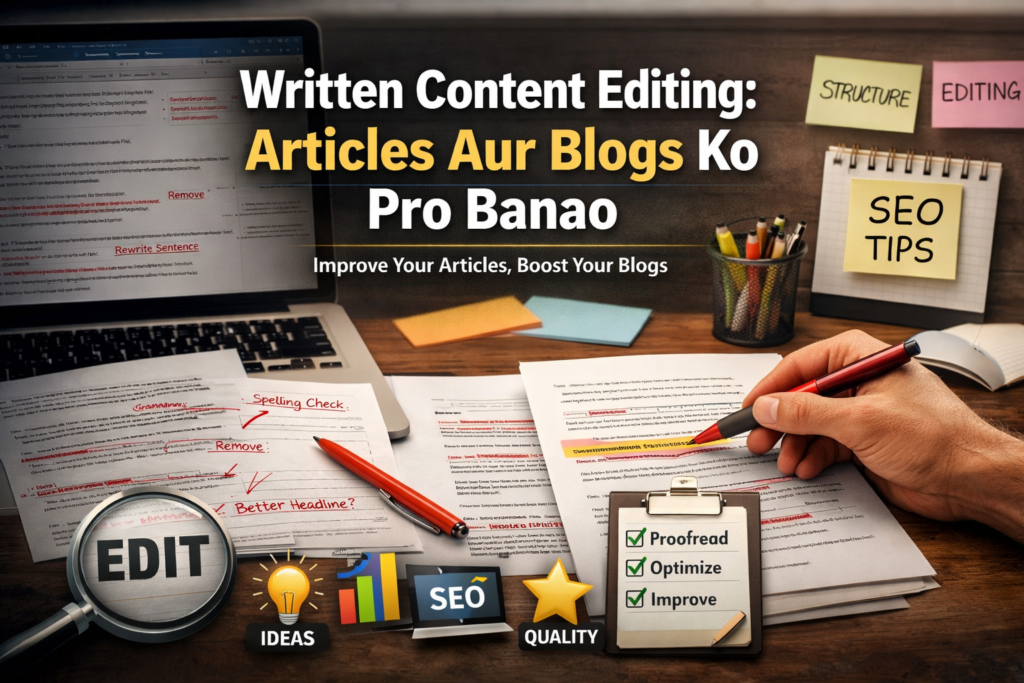 Written content editing process showing article proofreading, corrections, SEO optimization checklist, and blog improvement workspace