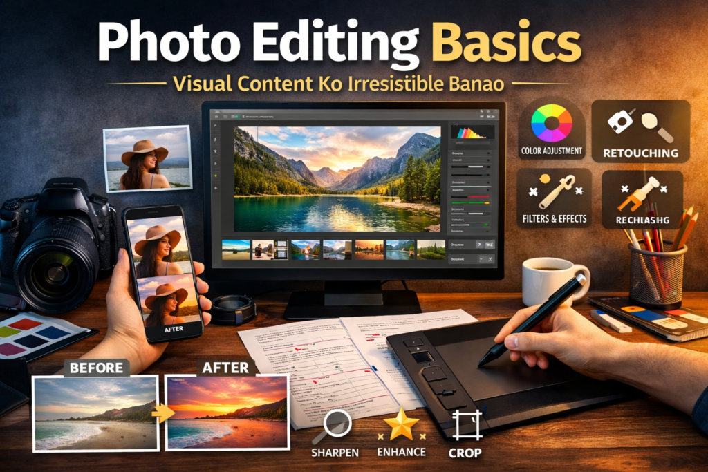 Photo editing basics workspace showing camera, mobile photo editing, before-after image comparison, and professional visual enhancement tools