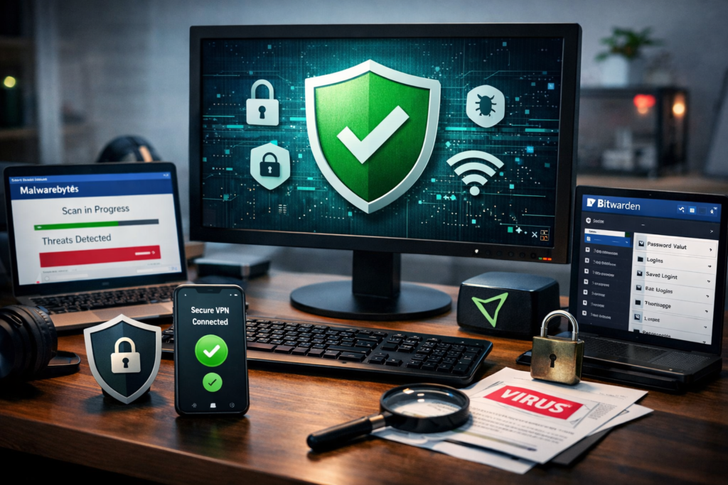 Cybersecurity setup with antivirus protection VPN and password manager for safe computer usage