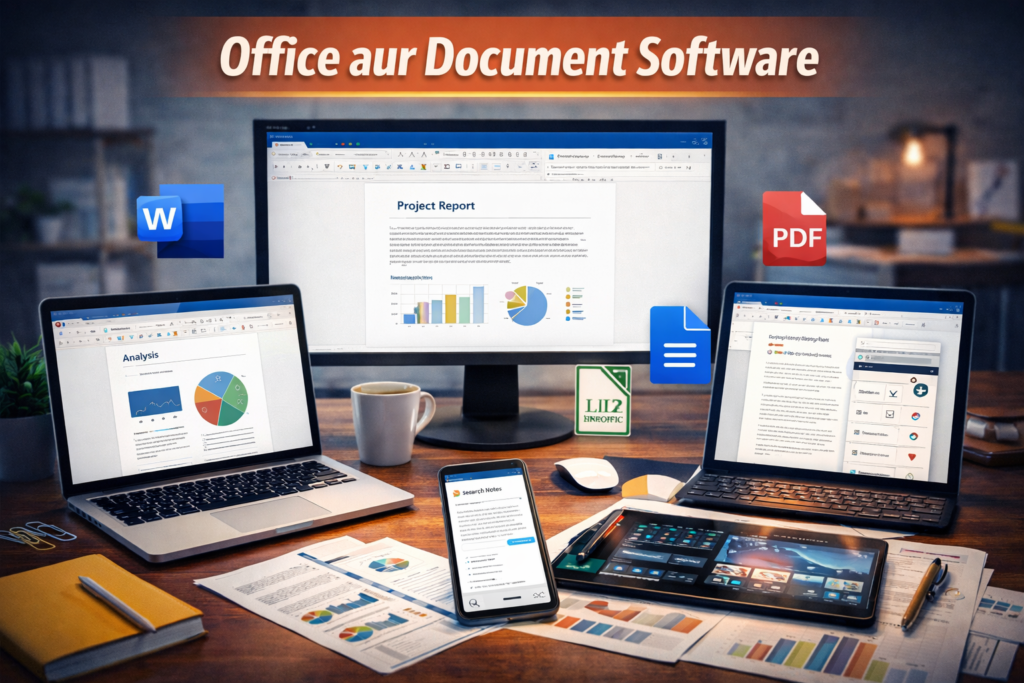 Office and document software workspace showing free tools for writing spreadsheets and presentations on PC