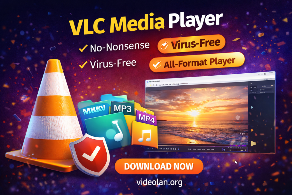 VLC Media Player interface showing video playback with support for all formats and secure virus-free performance