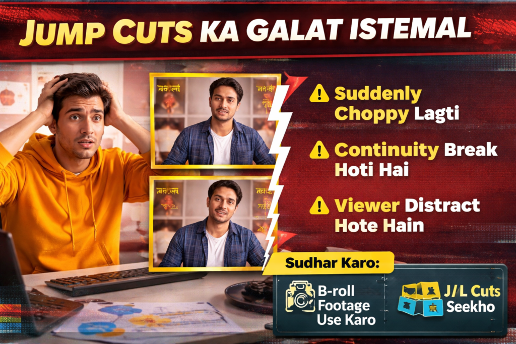 Video editing concept image showing “Jump Cuts Ka Galat Istemal” — ek frustrated editor laptop ke saamne baitha hai, aur side mein same subject ke multiple jump cuts dikhaye gaye hain jo video ko choppy bana rahe hain. Saath hi warnings aur fix tips jaise B-roll aur J/L cuts highlight kiye gaye hain.