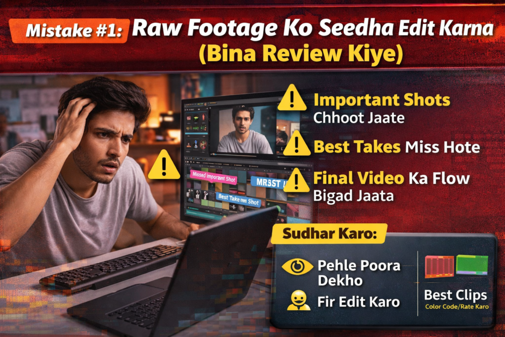 “Raw Footage Ko Seedha Edit Karna (Bina Review Kiye)” concept image jisme ek confused video editor laptop par kaam kar raha hai, aur screen par timeline mein missed shots aur best takes skip hote dikh rahe hain.