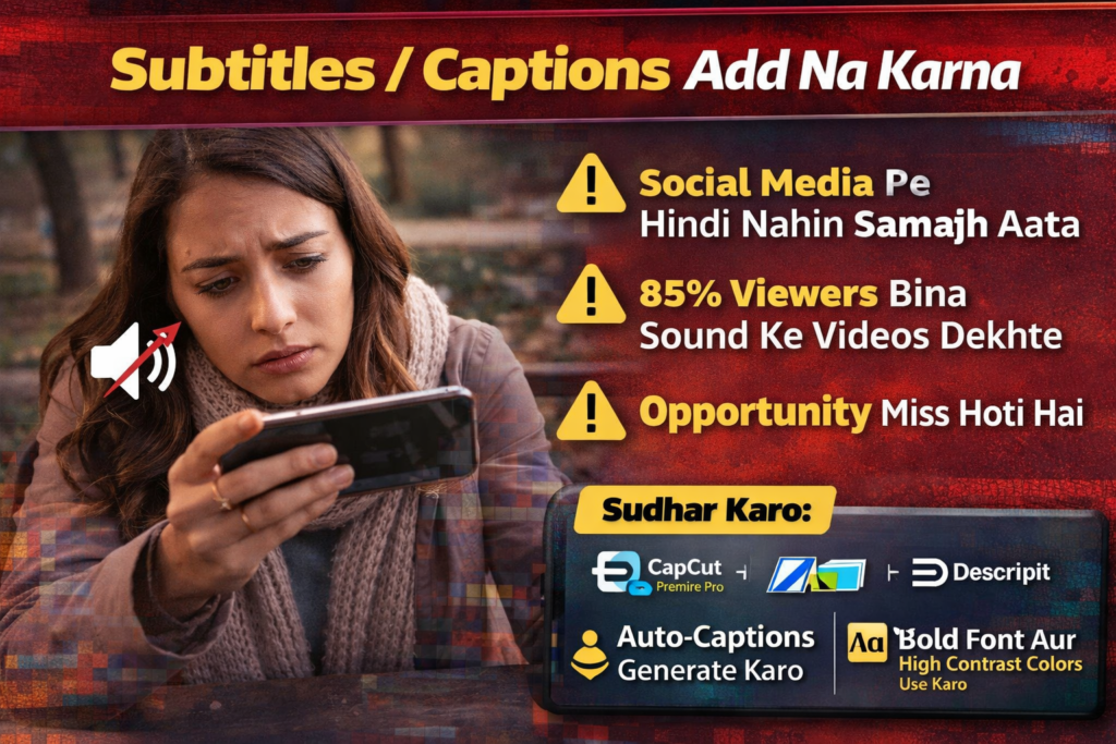 “Subtitles / Captions Add Na Karna” concept image jisme ek video screen dikh raha hai bina subtitles ke, aur viewer confused ya disengaged lag raha hai, saath hi side mein captions ke importance ko highlight kiya gaya hai.