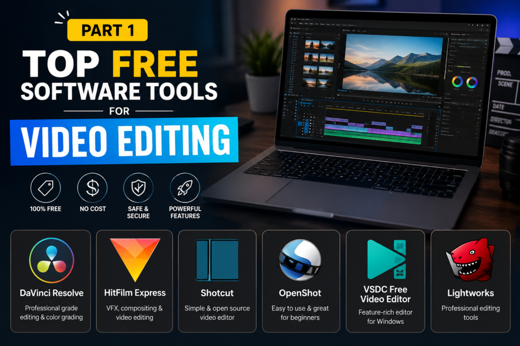 Top Free Software Tools for Video Editing banner showing a modern desktop setup with video editing timeline, media icons, and a professional tech-style background in blue and purple gradient.