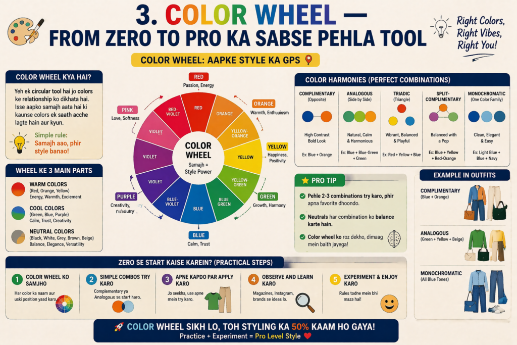 Infographic about the color wheel as a beginner tool, showing primary, secondary, and complementary colors with simple explanations.