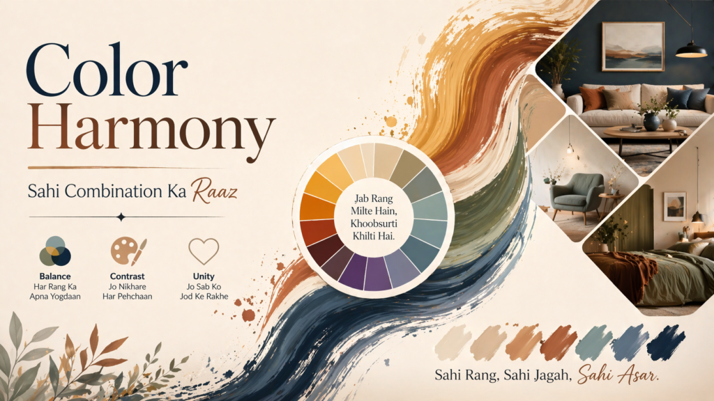 Ek vibrant design jisme color wheel dikhaya gaya hai, jahan alag-alag colors (red, blue, yellow, green, orange, purple) smoothly ek dusre ke saath blend ho rahe hain. Background me soft gradient hai aur center me balanced color combinations highlight kiye gaye hain, jo harmony ko represent karte hain.