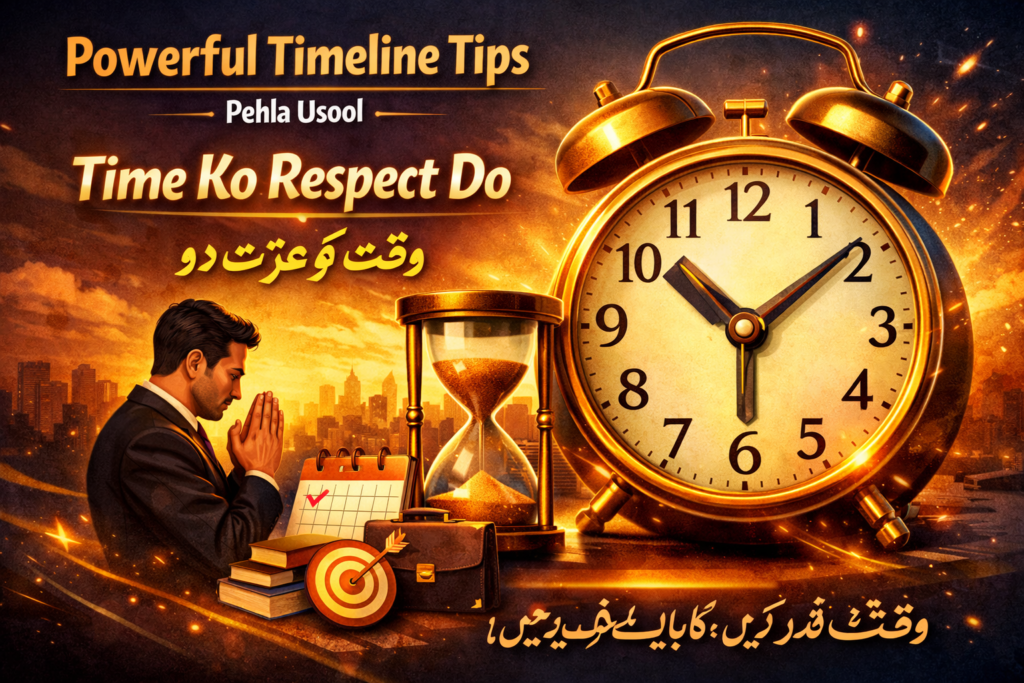 Powerful timeline tips concept image showing alarm clock, hourglass, and focused professional with text “Time Ko Respect Do” highlighting importance of time management