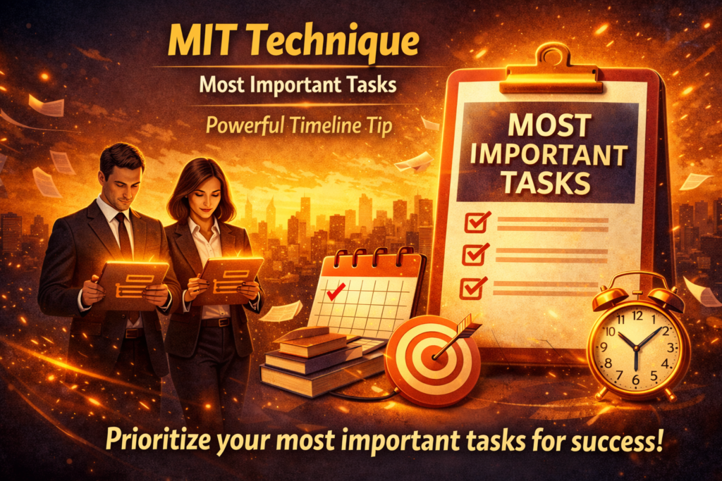 MIT Technique illustration showing most important tasks checklist with professionals, clock, and productivity symbols focused on time management
