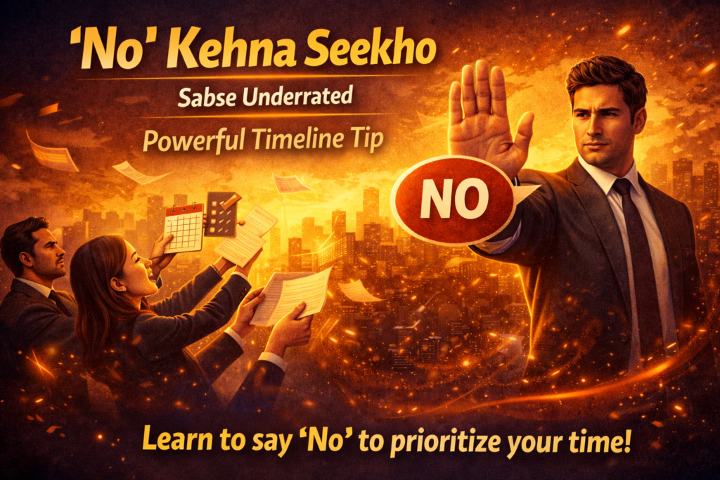 Learning to say no concept image showing confident professional rejecting tasks with “NO” sign to focus on time management and priorities