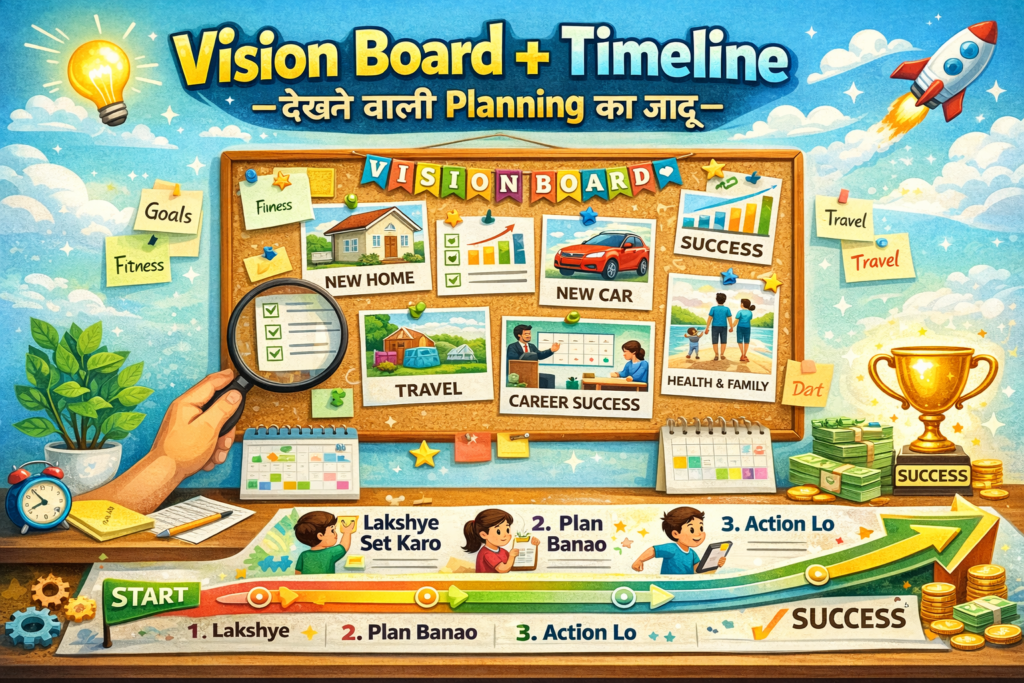 Vision board and timeline infographic in Hindi showing goal setting, planning steps, visual motivation elements like targets, calendar, dreams, and success path.