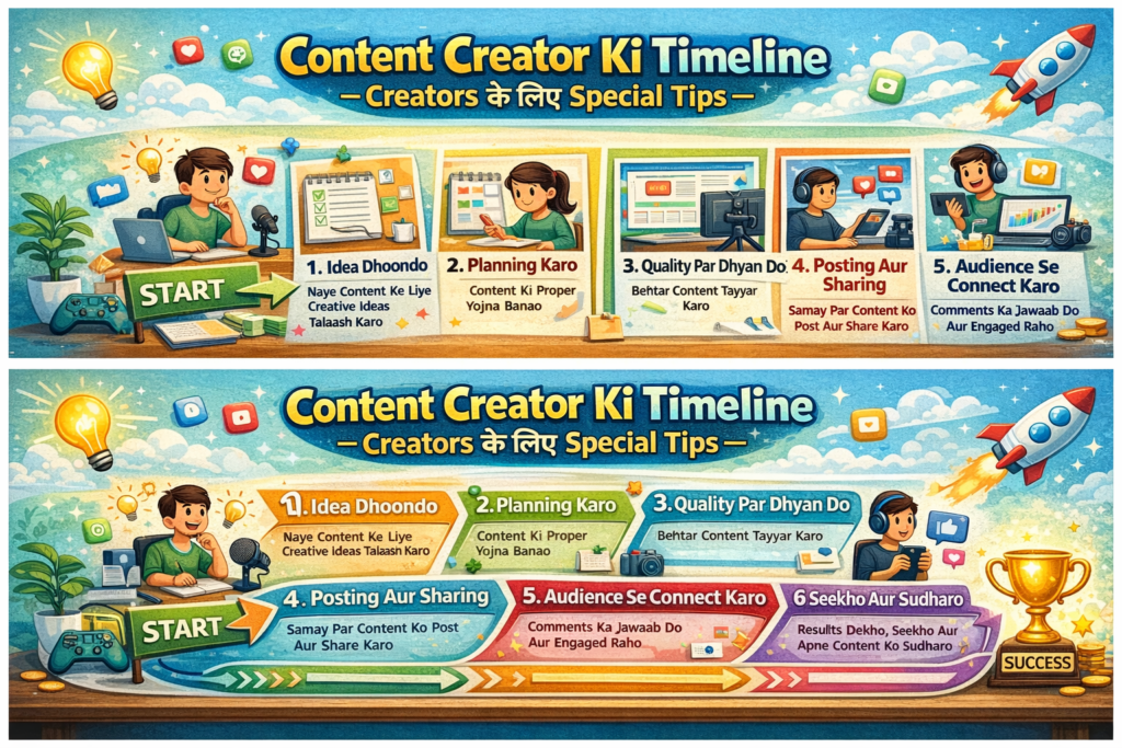 Content creator timeline infographic in Hindi showing steps like idea generation, planning, quality content creation, posting, audience engagement, and improvement in two different creative designs.