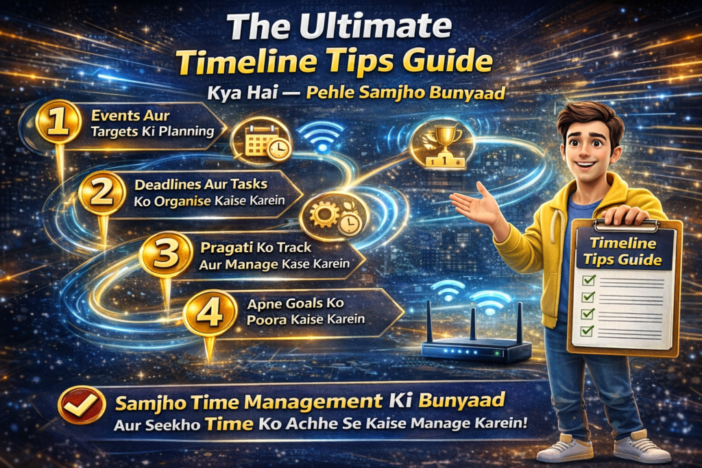 Hindi infographic jisme “The Ultimate Timeline Tips Guide — Kya Hai — Pehle Samjho Bunyaad” heading ke saath ek glowing timeline path dikhaya gaya hai, jisme steps jaise planning, deadlines, progress tracking aur goals achieve karna icons ke saath explain kiya gaya hai. Ek smiling character clipboard pakde hue guide ko present kar raha hai.
