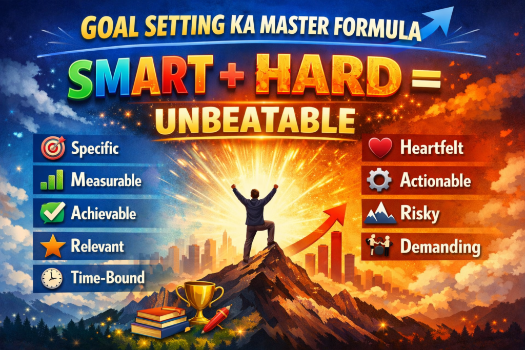 Goal Setting infographic showing “SMART + HARD = UNBEATABLE” with a person standing on a mountain peak, surrounded by icons representing Specific, Measurable, Achievable, Relevant, Time-Bound, Heartfelt, Actionable, Risky, and Demanding goals.