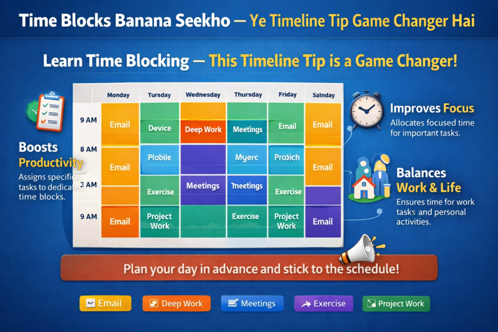 Colorful productivity infographic showing a weekly planner with time blocks for tasks like email, meetings, deep work, exercise, and project work. The design highlights benefits such as improved focus, higher productivity, and balanced work life with clocks and planning icons.