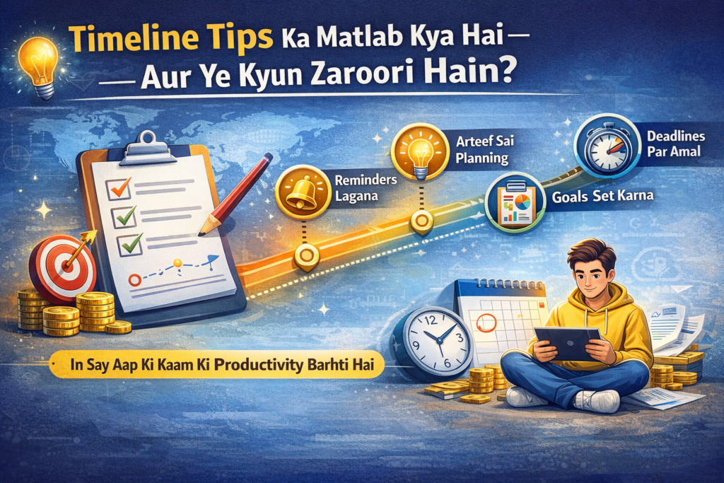 Timeline tips infographic showing planning roadmap, reminders, goals, deadlines, clipboard checklist, clock, and person using tablet on blue productivity background.