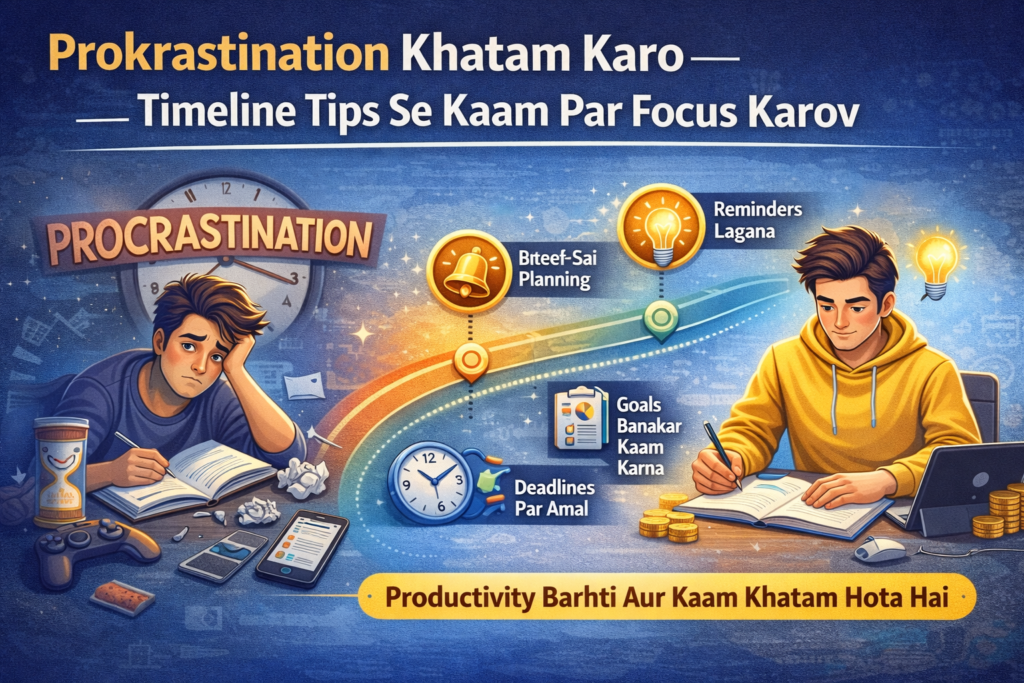 Procrastination vs productivity infographic showing distracted person on one side and focused person working on other side with timeline tips, reminders, goals, and deadlines.