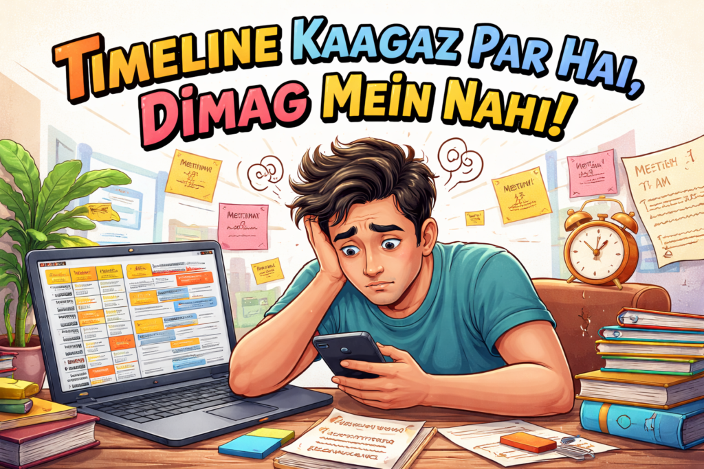 Ek stressed young man desk par baitha hai, haath mein smartphone aur saamne laptop par busy timeline dikh rahi hai, aas-paas sticky notes, books aur clock pade hain, upar bold Hindi text likha hai “Timeline Kaagaz Par Hai, Dimag Mein Nahi”.