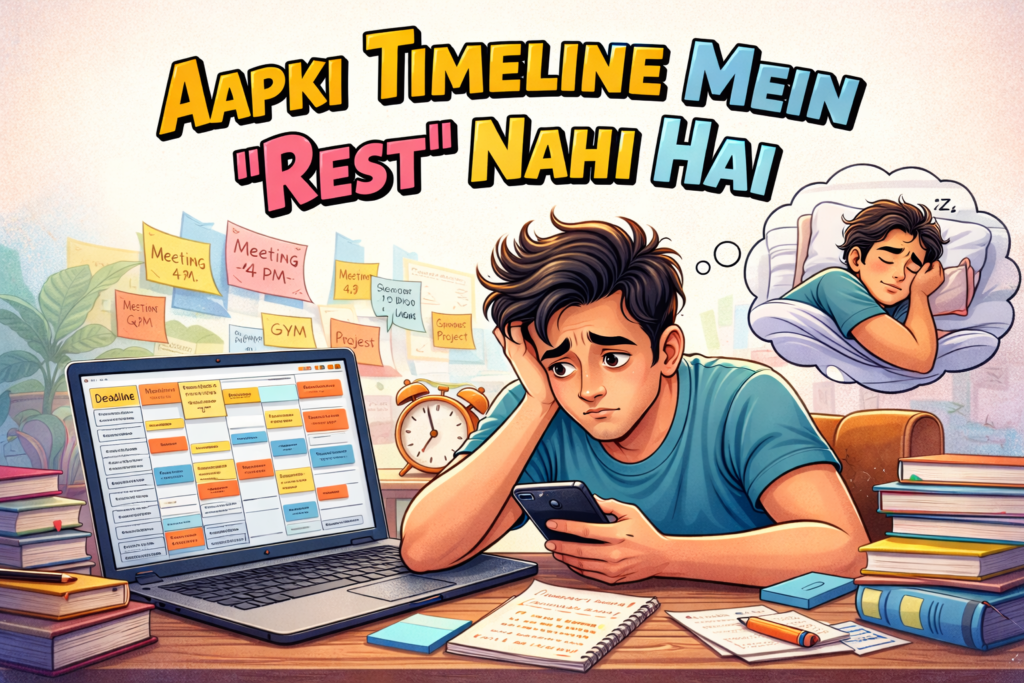 Ek thaka hua young man desk par baitha hai, haath mein mobile aur laptop par busy schedule dikh raha hai, peeche sticky notes aur tasks lage hue hain, thought bubble mein woh sote hue dikh raha hai, upar bold Hindi text likha hai “Aapki Timeline Mein ‘Rest’ Nahi Hai”.