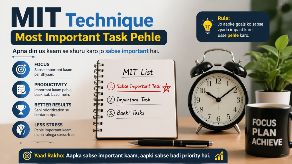 MIT (Most Important Task) technique infographic showing a notebook with prioritized task list, alarm clock, and workspace setup emphasizing productivity and focus.