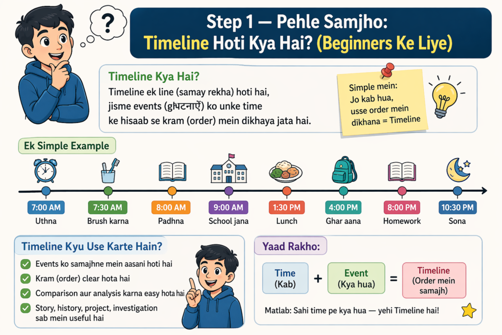 “Hindi educational infographic explaining ‘Timeline hoti kya hai’ for beginners, showing a daily routine timeline with time slots like 7:00 AM to 10:30 PM and simple illustrations like waking up, school, lunch, and homework.”