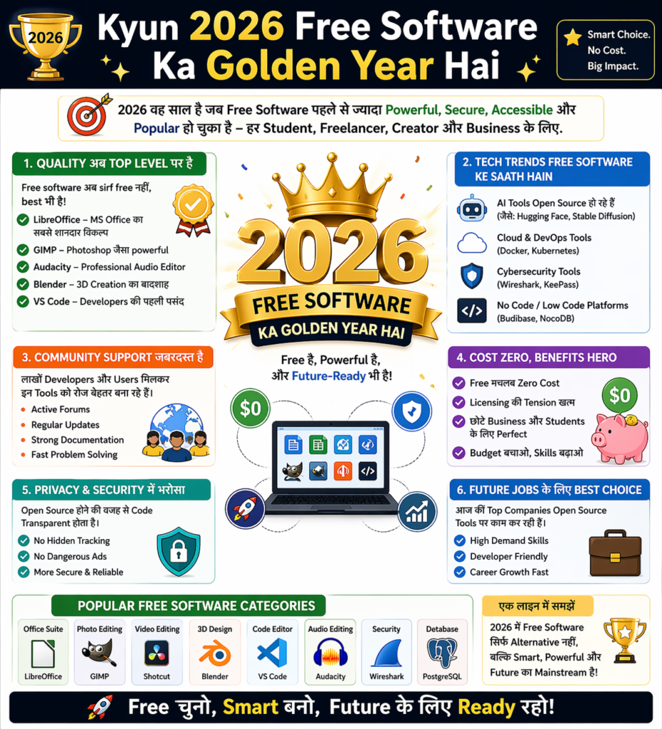 “Colorful Hindi infographic titled ‘2026 Free Software Ka Golden Year Hai’ showing benefits of free software, trending tools, and categories like LibreOffice, GIMP, Blender, and VS Code.”
