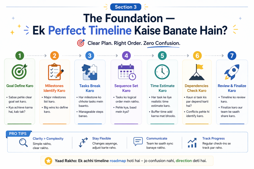 “Section 3: The Foundation — Ek Perfect Timeline Kaise Banate Hain?” ek step-by-step infographic jisme 7 stages dikhaye gaye hain: goal define karna, milestones identify karna, tasks break karna, sequence set karna, time estimate karna, dependencies check karna, aur review & finalize karna—har step ke saath icons aur short points diye gaye hain.