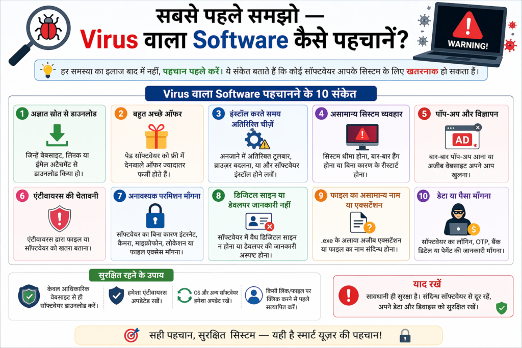 “Sabse Pehle Samjho — Virus Wala Software Kaise Pehchanen?” ek awareness infographic jisme warning signs dikhaye gaye hain jaise unknown source downloads, pop-up ads, slow system, unusual permissions, aur antivirus alerts—har point ke saath alert icons use kiye gaye hain.