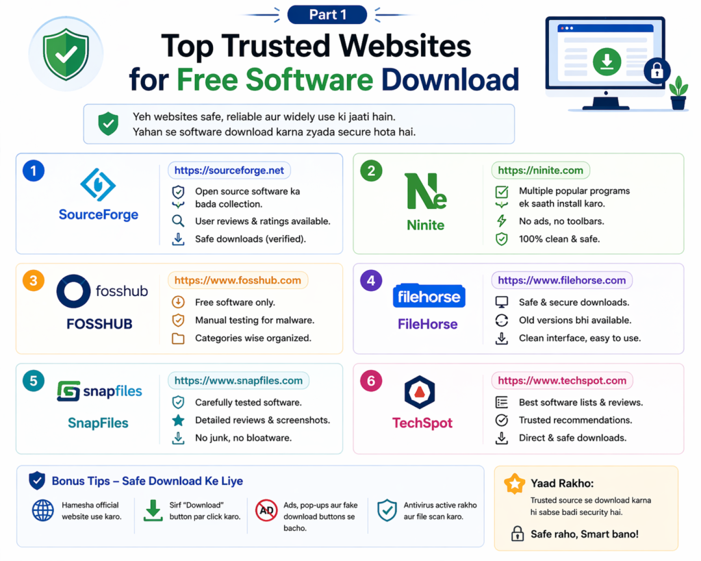 “Part 1 — Top Trusted Websites for Free Software Download” ek infographic jisme 6 trusted websites (SourceForge, Ninite, FOSSHUB, FileHorse, SnapFiles, TechSpot) list ki gayi hain, har ek ke saath features aur safe download indicators dikhaye gaye hain.