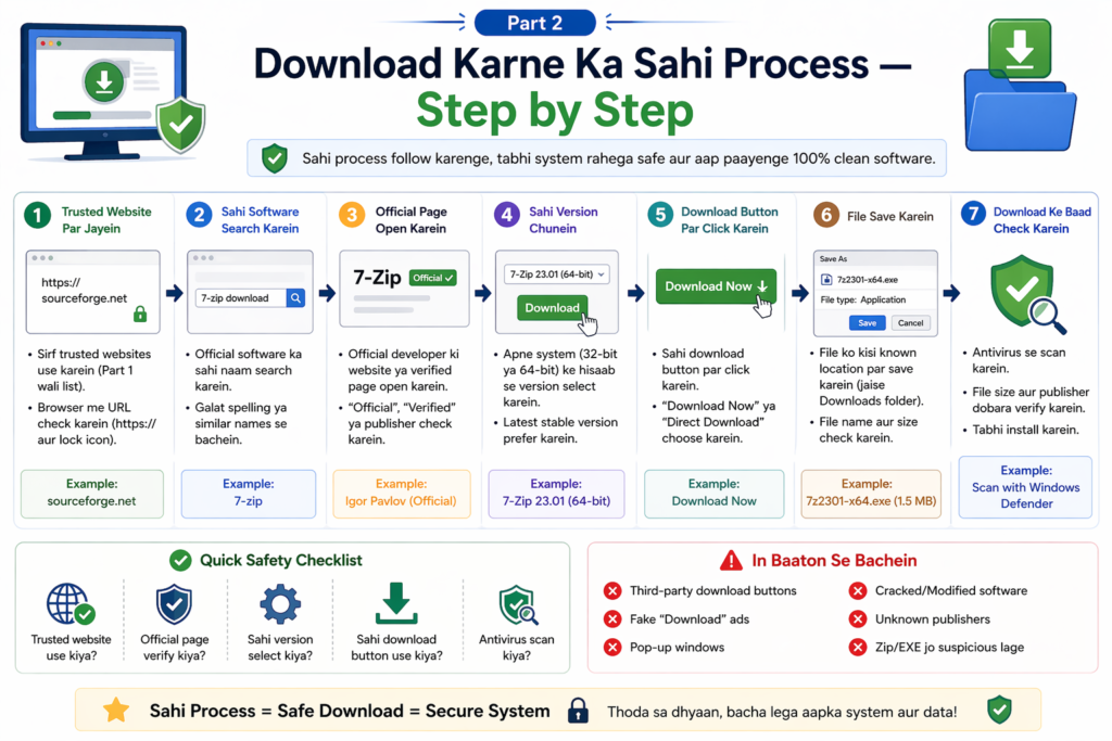 “Part 2 — Download Karne Ka Sahi Process — Step by Step” ek detailed infographic jisme 7 steps dikhaye gaye hain: trusted website par jaana, software search karna, official page open karna, sahi version choose karna, download button par click karna, file save karna, aur download ke baad scan/check karna.