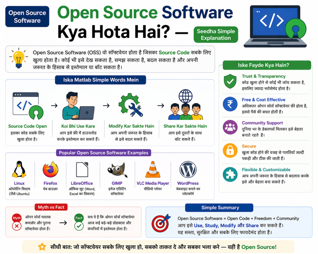 “Open Source Software Kya Hota Hai? — Seedha Simple Explanation” ek colorful infographic jisme open source ka meaning, features (source code open, use, modify, share), benefits (free, secure, flexible), aur examples (Linux, Firefox, VLC, etc.) icons ke saath dikhaye gaye hain.