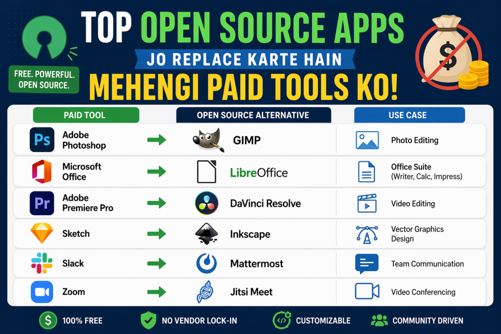 A modern infographic showing “Top Open Source Apps” that replace expensive paid tools, with a side-by-side comparison of popular software like Photoshop, Microsoft Office, and Zoom alongside their open-source alternatives such as GIMP, LibreOffice, and Jitsi Meet, including icons and use cases.