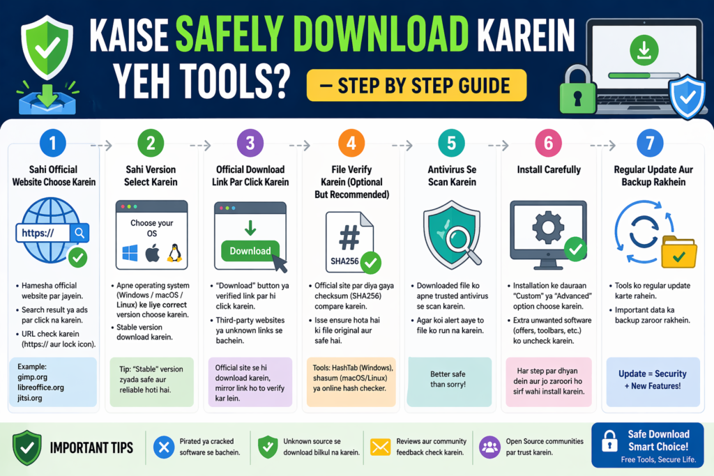 A detailed infographic titled “Kaise Safely Download Karein Yeh Tools?” showing a 7-step guide including choosing the official website, selecting the correct version, clicking verified download links, verifying files (SHA256), scanning with antivirus, careful installation, and regular updates with backup.