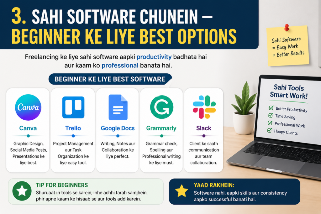 “Beginner ke liye best software options” infographic jisme Canva, Trello, Google Docs, Grammarly aur Slack ke icons aur unke basic uses dikhaye gaye hain. Side mein laptop screen par “Sahi Tools Smart Work” likha hai aur productivity, time saving aur professional work ke benefits highlight kiye gaye hain.