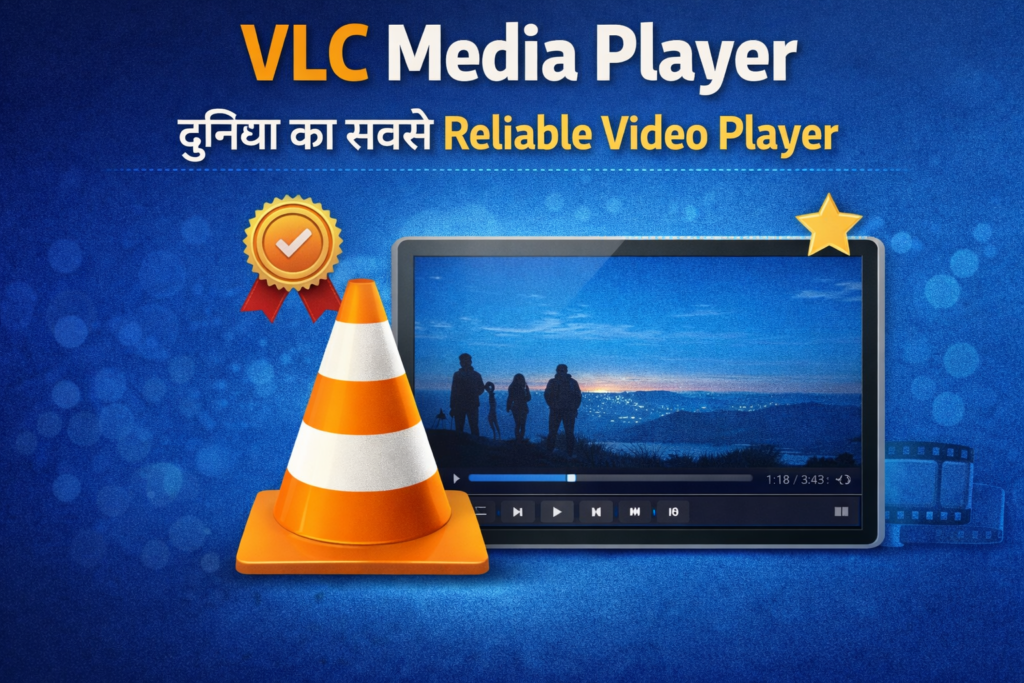 “VLC Media Player promotional graphic showing it as the world’s most reliable video player, with orange cone icon, media interface on screen, and blue gradient background in 16:9 format.”