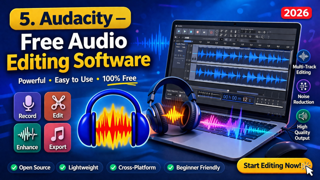 “Audacity free audio editing software promotional image showing waveform editing interface, laptop setup, headphones, and modern blue tech background in 16:9 format.”