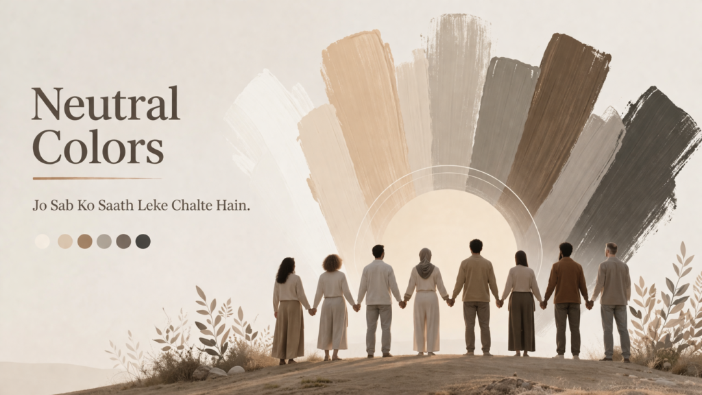 Ek minimalist 1design jisme soft beige aur earthy neutral shades (cream, brown, grey) ka gradient background hai. Neeche ek group logon ka haath pakad kar khade hain, jo unity aur balance ko dikhata hai. Upar brush stroke style me neutral color swatches dikh rahe hain aur side me “Neutral Colors – Jo Sab Ko Saath Leke Chalte Hain” likha hua hai.