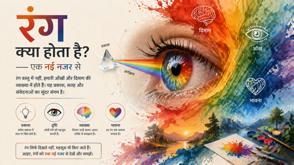 Ek colorful 1educational poster jisme ek human eye ke close-up se rainbow colors nikalte hue dikh rahe hain. Ek prism light ko todkar spectrum bana raha hai, aur side me Hindi text “रंग क्या होता है? — एक नई नजर से” likha hai. Background me paint splashes, nature scene aur art tools bhi dikh rahe hain.