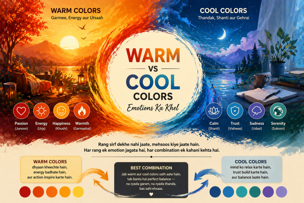 Ek split-style design jisme left side par warm colors (red, orange, yellow) ka fiery gradient aur right side par cool colors (blue, green, purple) ka calm gradient dikh raha hai. Beech me ek divider line hai, aur dono sides par alag-alag emotions ko represent karte hue subtle icons aur expressions dikhaye gaye hain.