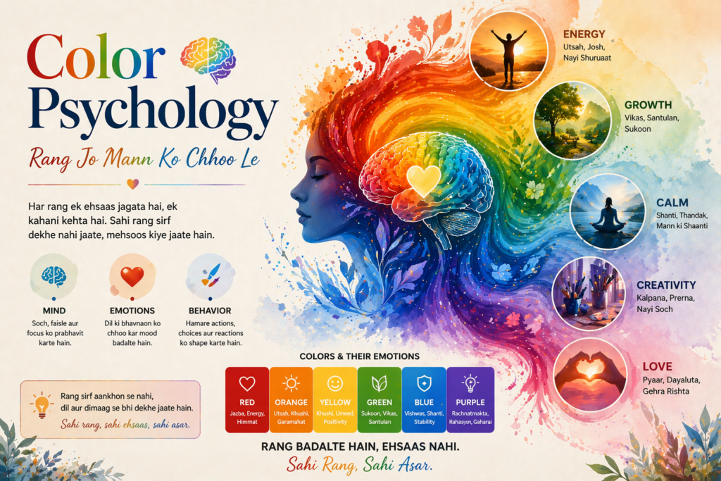 Ek vibrant infographic jisme ek female profile ke andar colorful brain dikh raha hai, jahan se rainbow colors flow ho rahe hain. Side me alag-alag colors ke saath emotions (energy, calm, creativity, love) ko icons ke through represent kiya gaya hai. Title “Color Psychology — Rang Jo Mann Ko Chhoo Le” prominently likha hai.