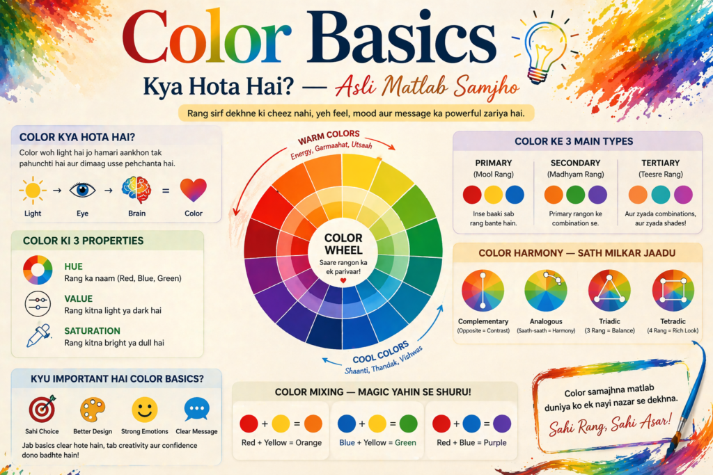 Ek clean aur educational poster jisme primary colors (red, blue, yellow) aur unke mix se bane secondary colors (green, orange, purple) visually dikhaye gaye hain. Color wheel center me hai aur side me simple icons aur labels ke saath “Color Basics Kya Hota Hai? — Asli Matlab Samjho” likha hua hai.