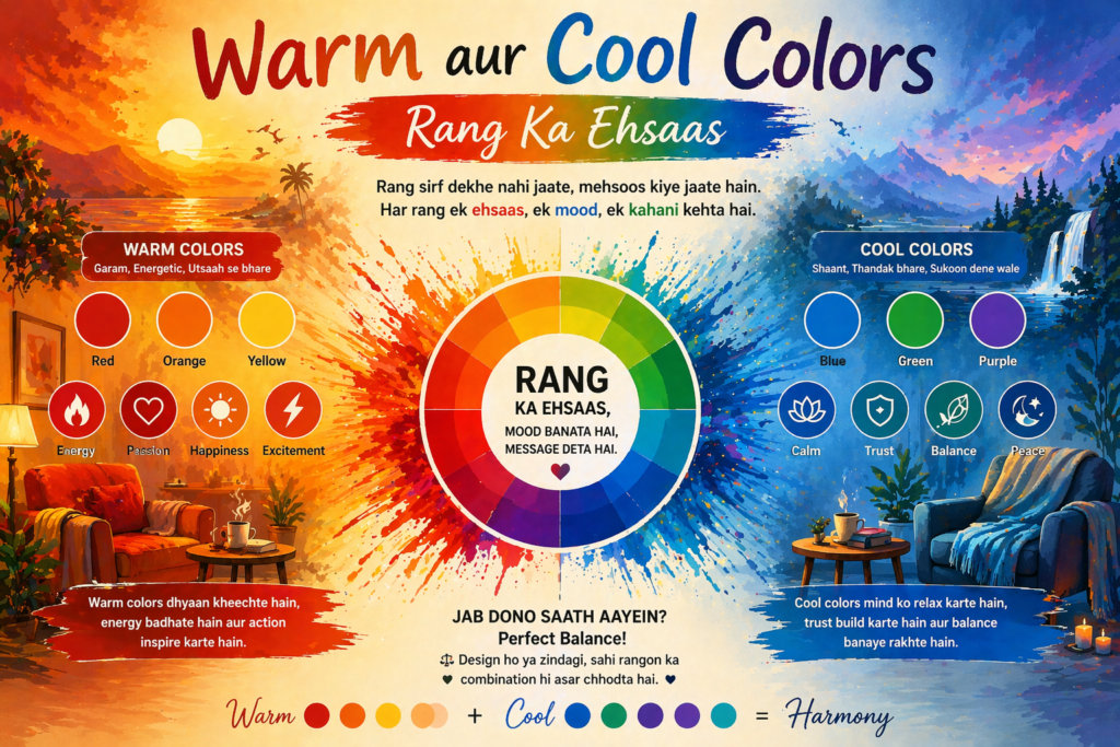 Ek vibrant split poster jisme left side par warm colors (red, orange, yellow) ke saath cozy room aur sunset scene dikh raha hai, aur right side par cool colors (blue, green, purple) ke saath calm room aur nature scene hai. Beech me ek color wheel hai jo dono sides ko connect karta hai, aur upar “Warm aur Cool Colors — Rang Ka Ehsaas” likha hai.