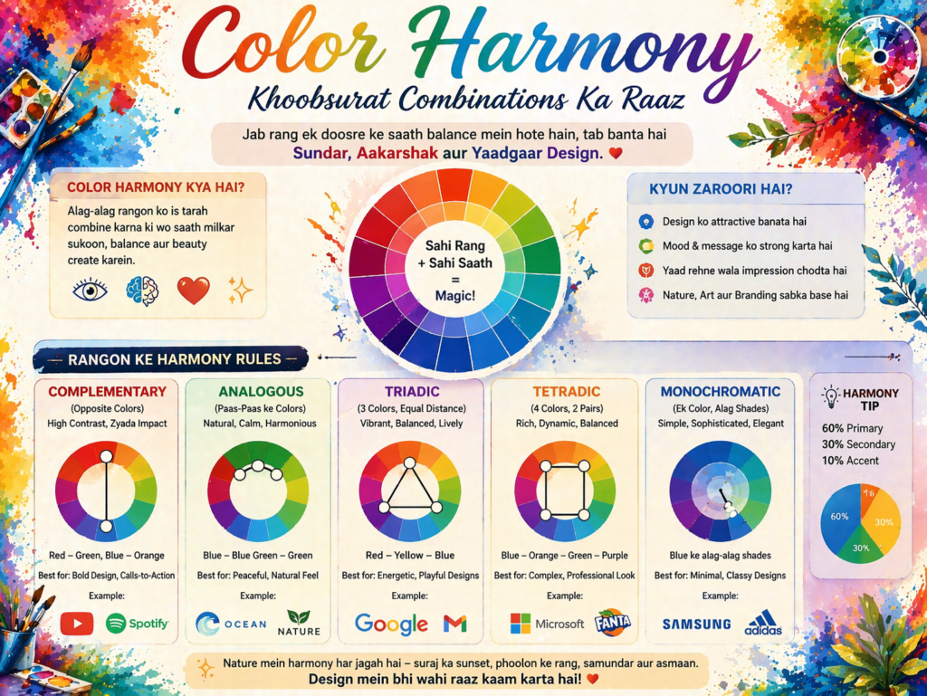 Ek modern infographic jisme center me color wheel hai aur uske aas-paas alag-alag color combinations (complementary, analogous, triadic) ko lines aur shapes ke through highlight kiya gaya hai. Background me soft gradient aur paint strokes hain, aur upar “Color Harmony — Khoobsurat Combinations Ka Raaz” likha hai.