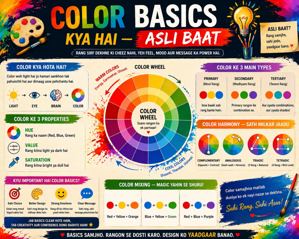 Ek clean aur modern infographic jisme center me color wheel dikhaya gaya hai, aur uske aas-paas primary colors (red, blue, yellow), secondary colors (green, orange, purple) aur basic color properties (hue, saturation, value) icons ke saath explain kiye gaye hain. Upar “Color Basics Kya Hai — Asli Baat” title likha hai.