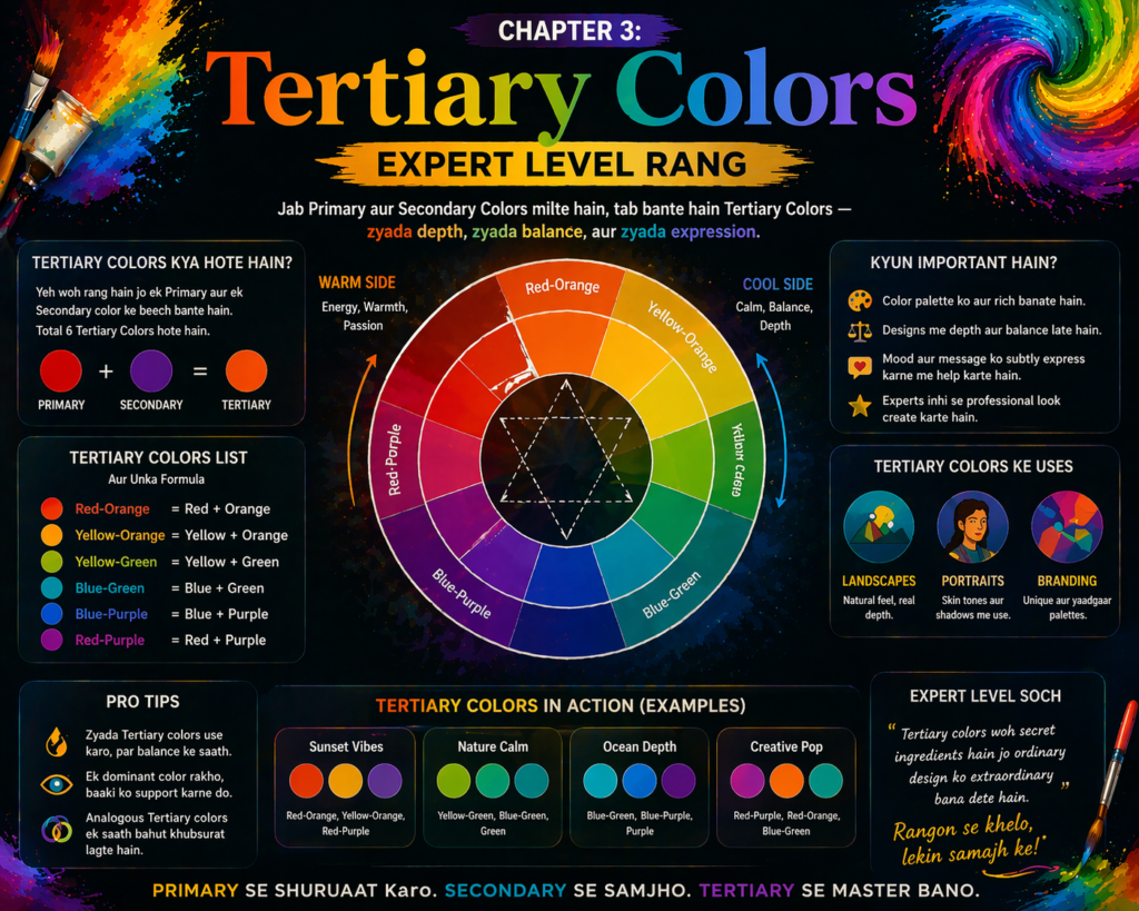 Ek detailed 16:9 infographic jisme color wheel ke beech me tertiary colors (jaise red-orange, yellow-green, blue-purple) clearly highlight kiye gaye hain. Har tertiary color ke saath uske parent colors (primary + secondary) arrows ke through dikhaye gaye hain. Upar bold title “Chapter 3: Tertiary Colors — Expert Level Rang” likha hai, aur background me smooth gradients aur paint strokes hain.