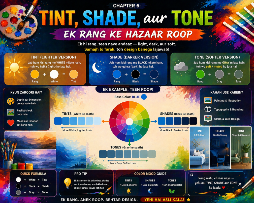 Ek colorful 16:9 infographic jisme “Tint, Shade, aur Tone” ko visually explain kiya gaya hai. Teen sections me dikhaya gaya hai: tint (white milane se light version), shade (black milane se dark version), aur tone (gray milane se soft/muted version). Center me color wheel aur neeche gradient bars ke through har variation clearly dikhaya gaya hai.