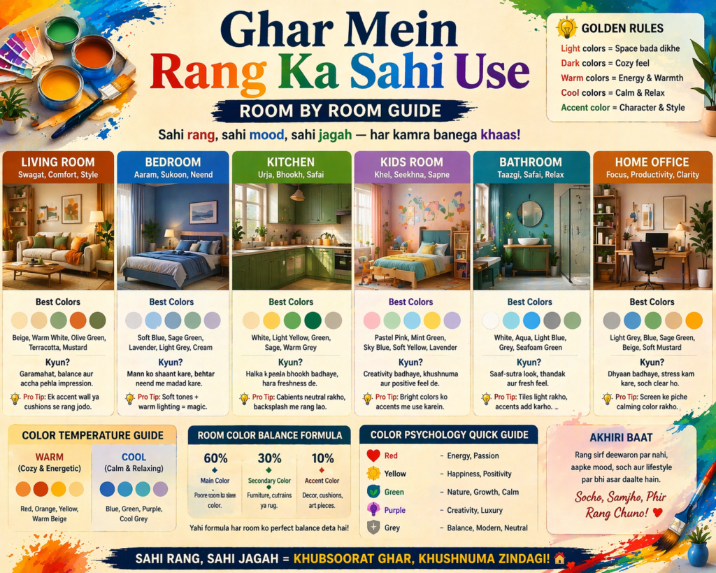 Ek modern 16:9 home interior infographic jisme alag-alag rooms (living room, bedroom, kitchen, bathroom, workspace) dikhaye gaye hain, aur har room ke saath suitable color palettes highlight kiye gaye hain—jaise living room me warm neutrals, bedroom me cool calming tones, kitchen me bright energetic colors. Har section me small icons aur labels ke saath color suggestions diye gaye hain.