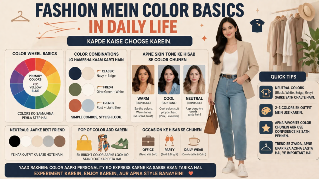 Infographic titled “Fashion Mein Color Basics in Daily Life” showing color combinations, skin tone tips, and outfit ideas with a stylish woman wearing neutral-colored clothes.