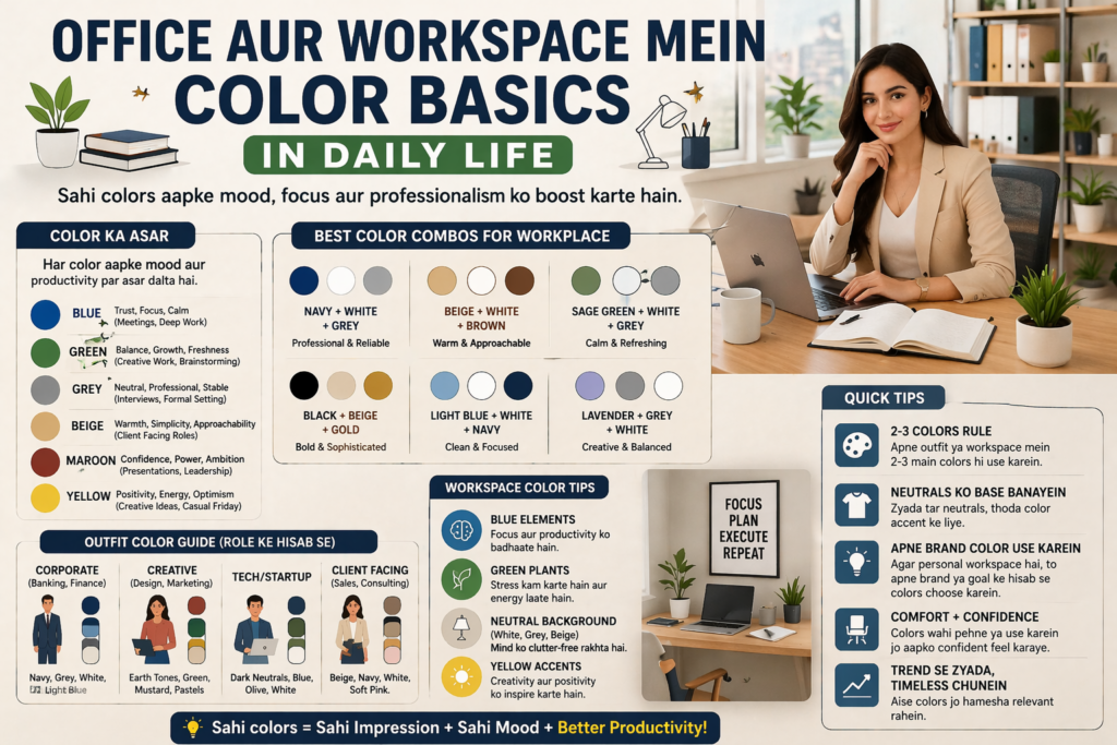Infographic about “Office aur Workspace mein Color Basics” showing color psychology, workplace outfit ideas, and a professional woman working at a desk.