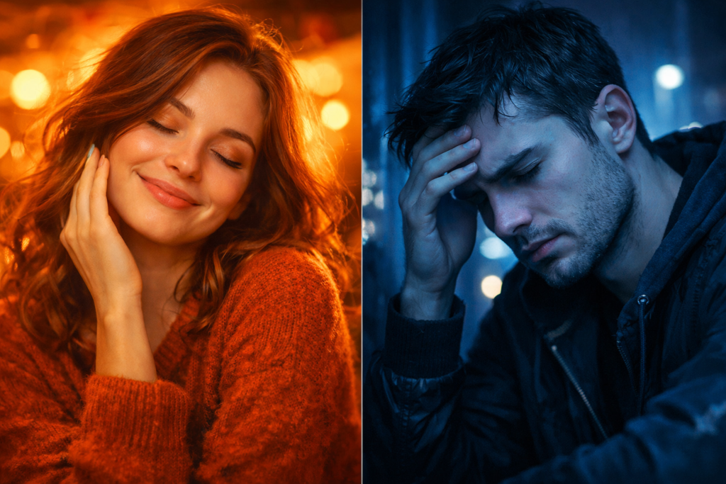 Ek split-image hai jisme left side par warm tones (orange, golden light) mein ek smiling woman ka close-up portrait hai, aur right side par cool tones (blue, dark shadows) mein ek serious-looking man ka close-up portrait dikh raha hai. Dono images ek dusre ke contrast mein emotional mood ko highlight karte hain.